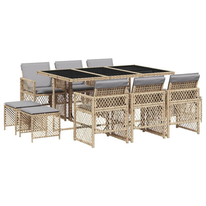 11-delige Tuinset met kussens poly rattan beige