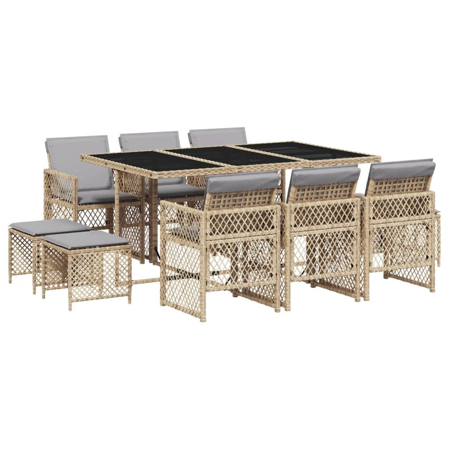 11-delige Tuinset met kussens poly rattan beige