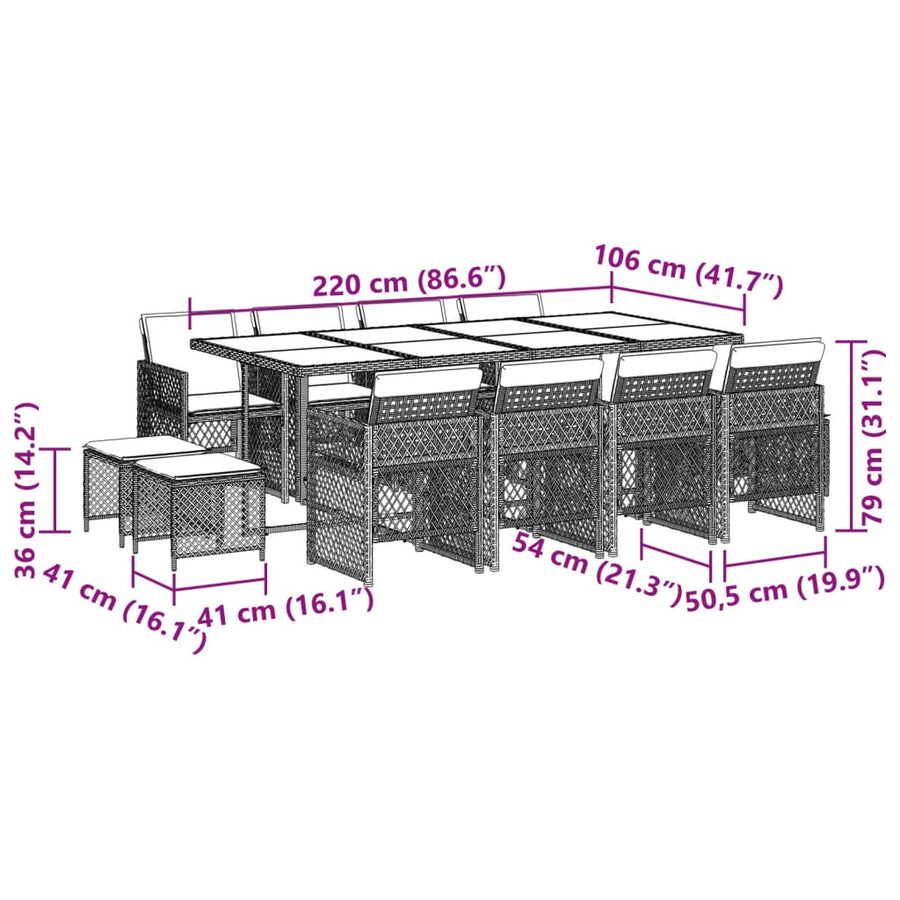 13-delige Tuinset met kussens poly rattan grijs