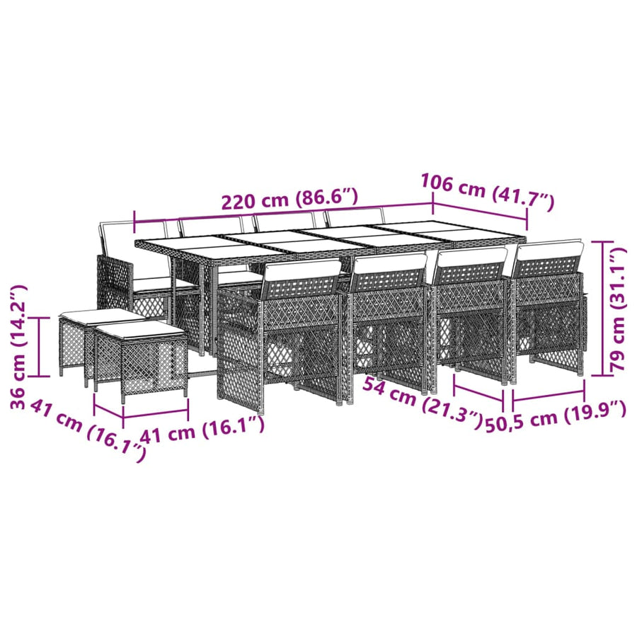 13-delige Tuinset met kussens poly rattan beige