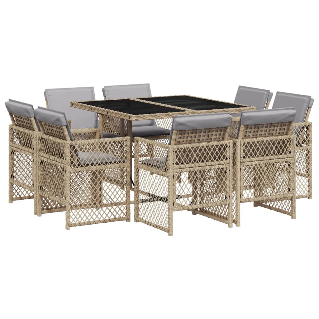 9-delige Tuinset met kussens poly rattan gemengd beige