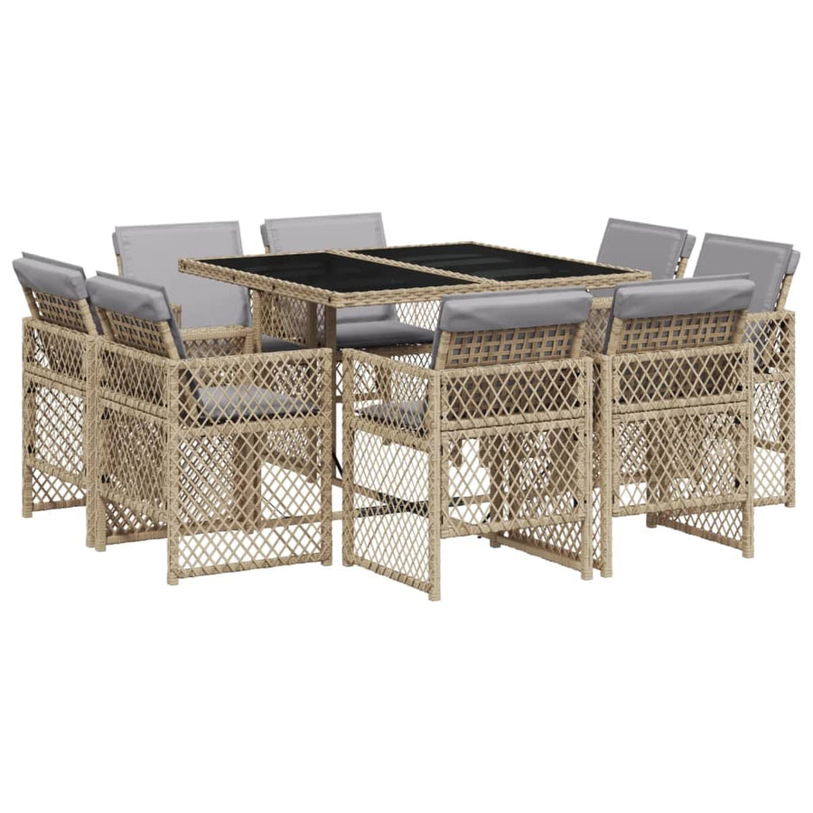 9-delige Tuinset met kussens poly rattan gemengd beige