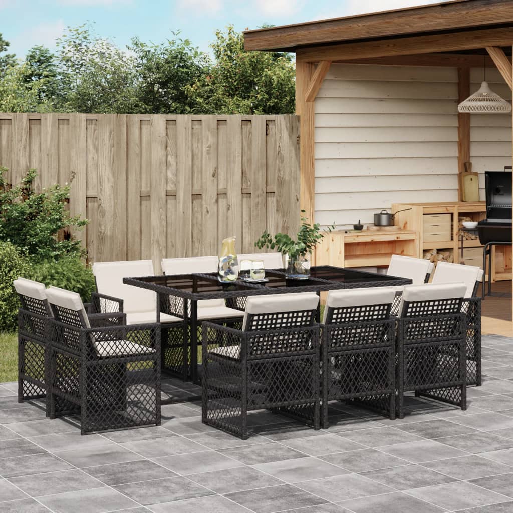 11-delige Tuinset met kussens poly rattan zwart