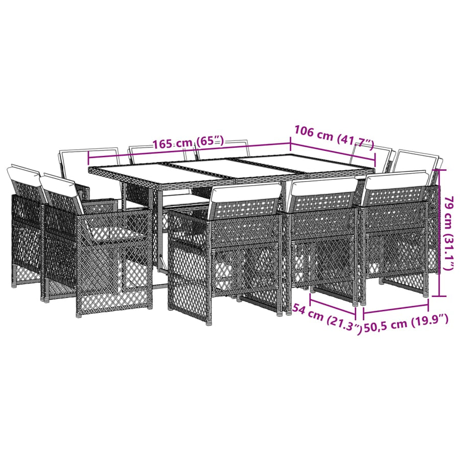 11-delige Tuinset met kussens poly rattan grijs