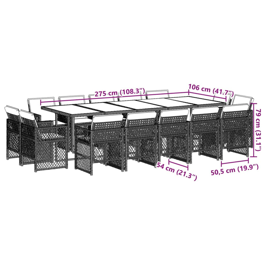 15-delige Tuinset met kussens poly rattan lichtgrijs