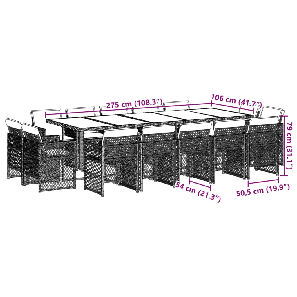 15-delige Tuinset met kussens poly rattan grijs