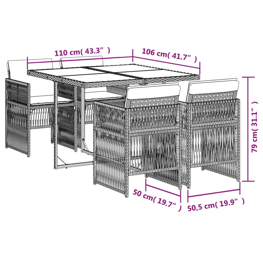 5-delige Tuinset met kussens poly rattan zwart