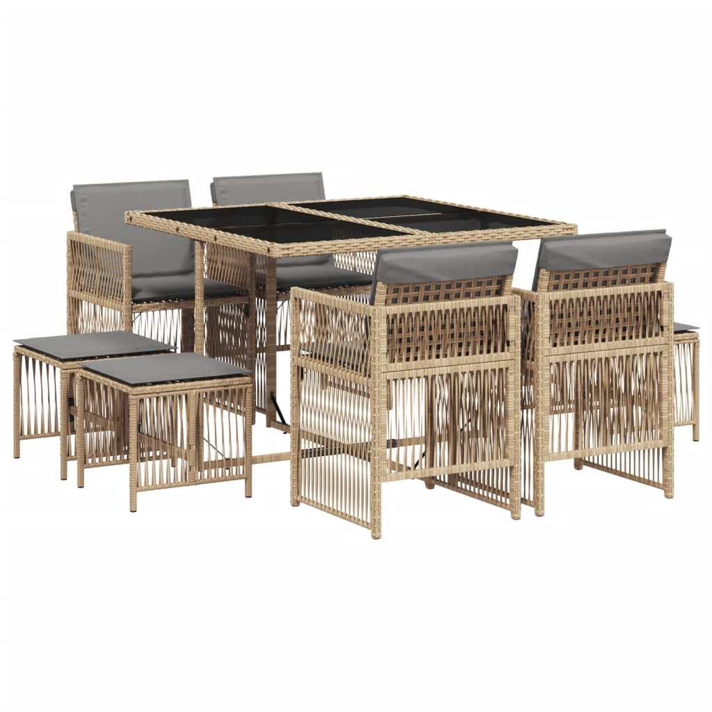 9-delige Tuinset met kussens poly rattan gemengd beige