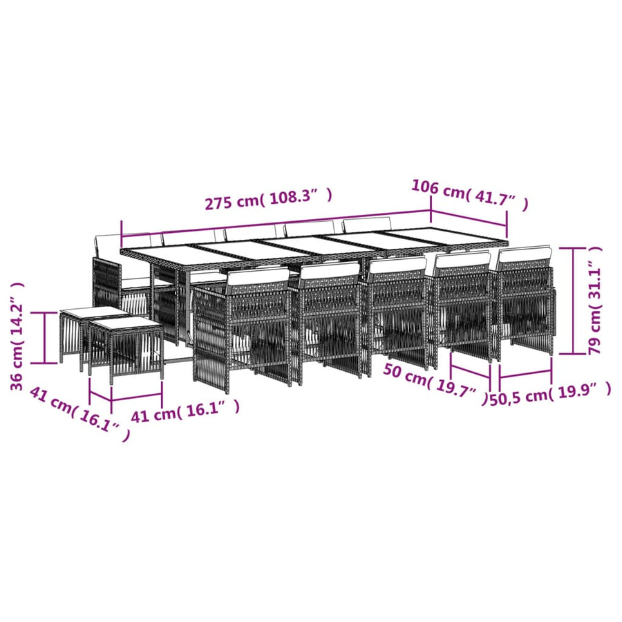 15-delige Tuinset met kussens poly rattan grijs