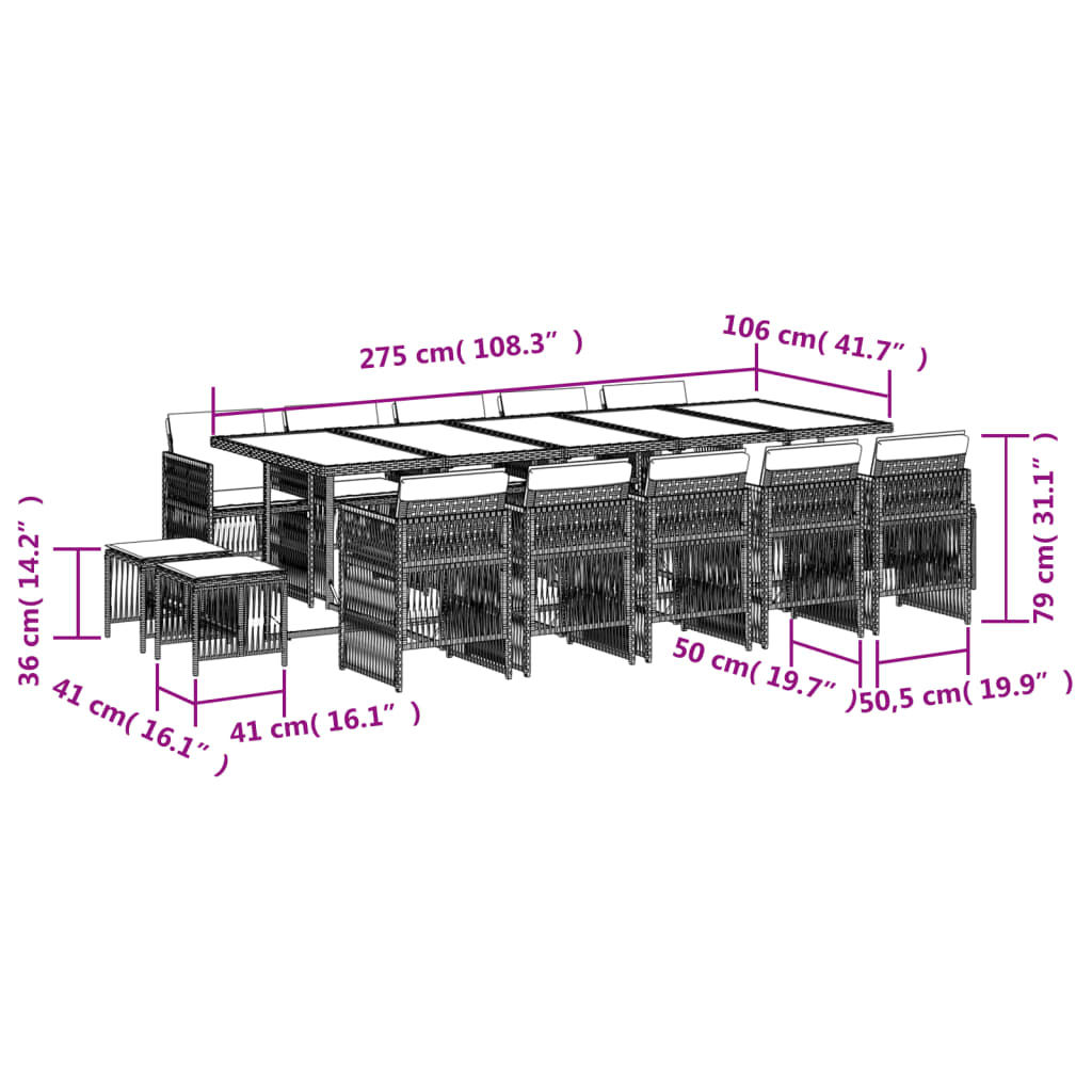 15-delige Tuinset met kussens poly rattan bruin
