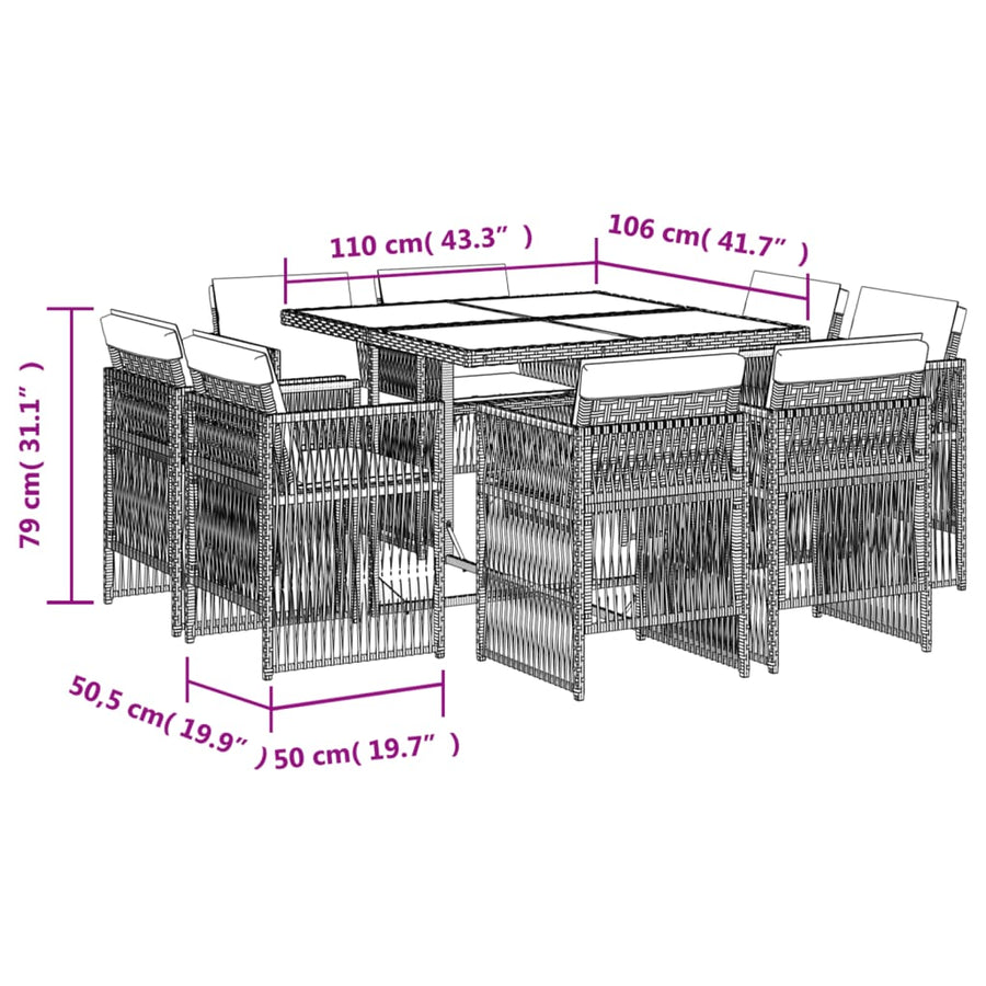 9-delige Tuinset met kussens poly rattan grijs
