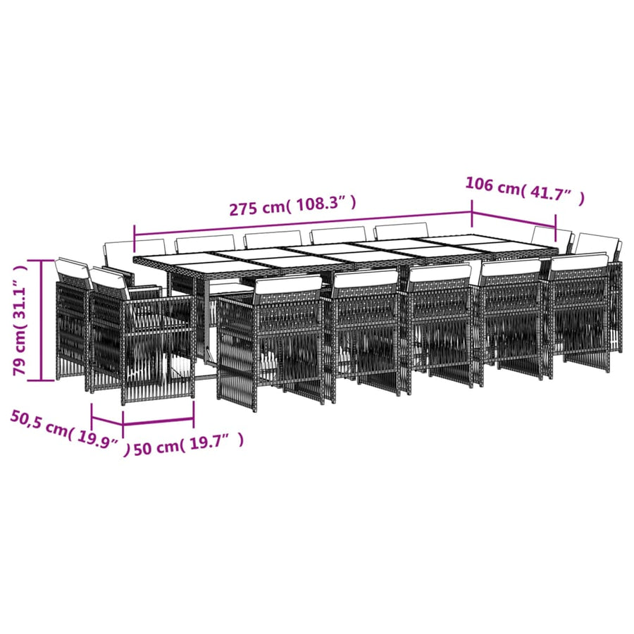 15-delige Tuinset met kussens poly rattan grijs
