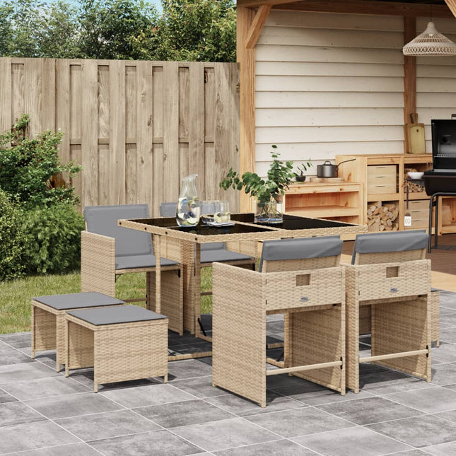 9-delige Tuinset met kussens poly rattan gemengd beige