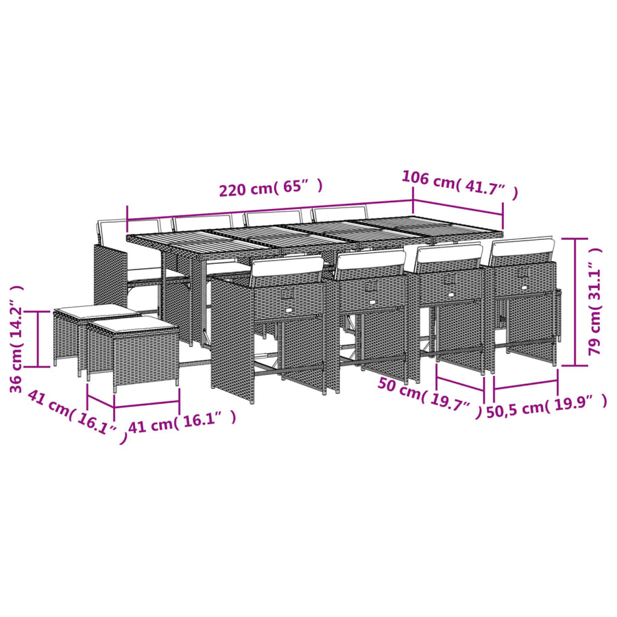13-delige Tuinset met kussens poly rattan beige