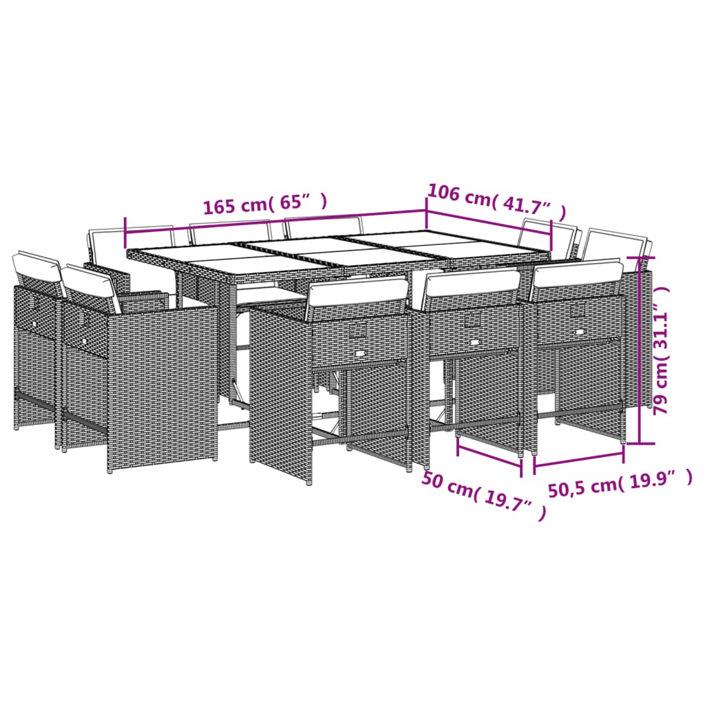 11-delige Tuinset met kussens poly rattan grijs