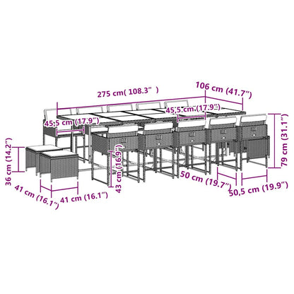 15-delige Tuinset met kussens poly rattan grijs
