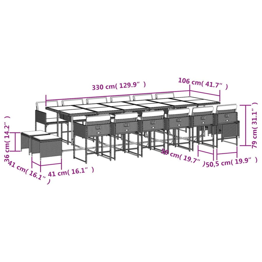 17-delige Tuinset met kussens poly rattan grijs
