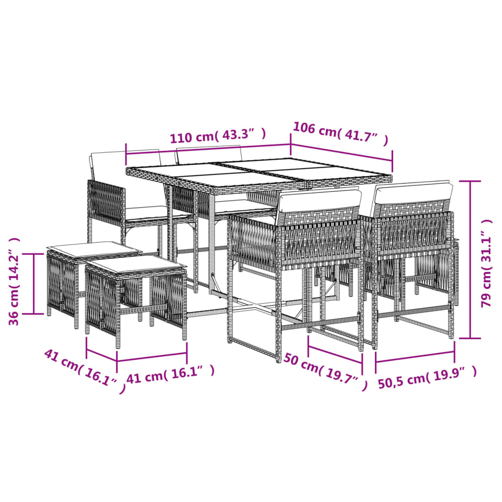 9-delige Tuinset met kussens poly rattan bruin