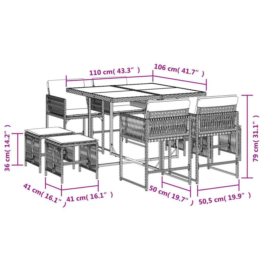 9-delige Tuinset met kussens poly rattan bruin