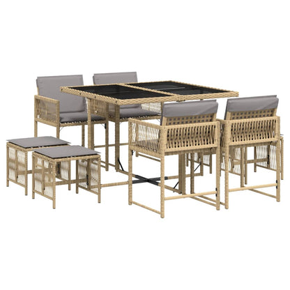 9-delige Tuinset met kussens poly rattan gemengd beige