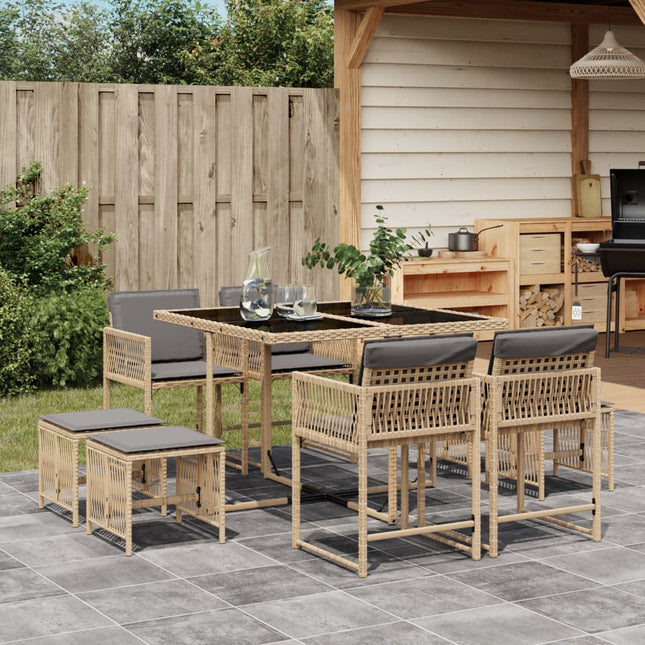 9-delige Tuinset met kussens poly rattan gemengd beige