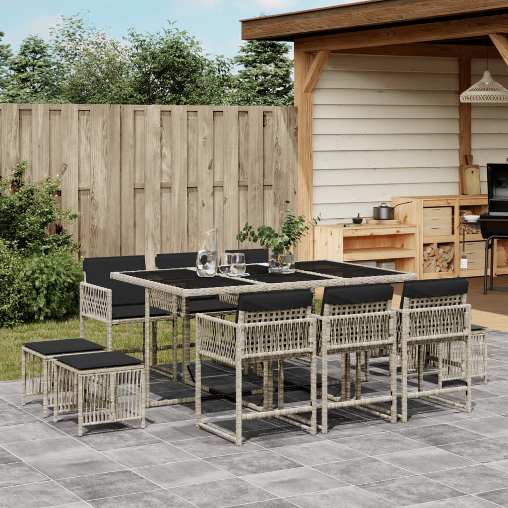 11-delige Tuinset met kussens poly rattan lichtgrijs