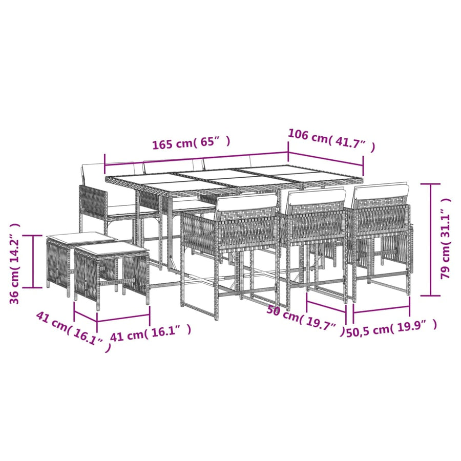 11-delige Tuinset met kussens poly rattan gemengd beige