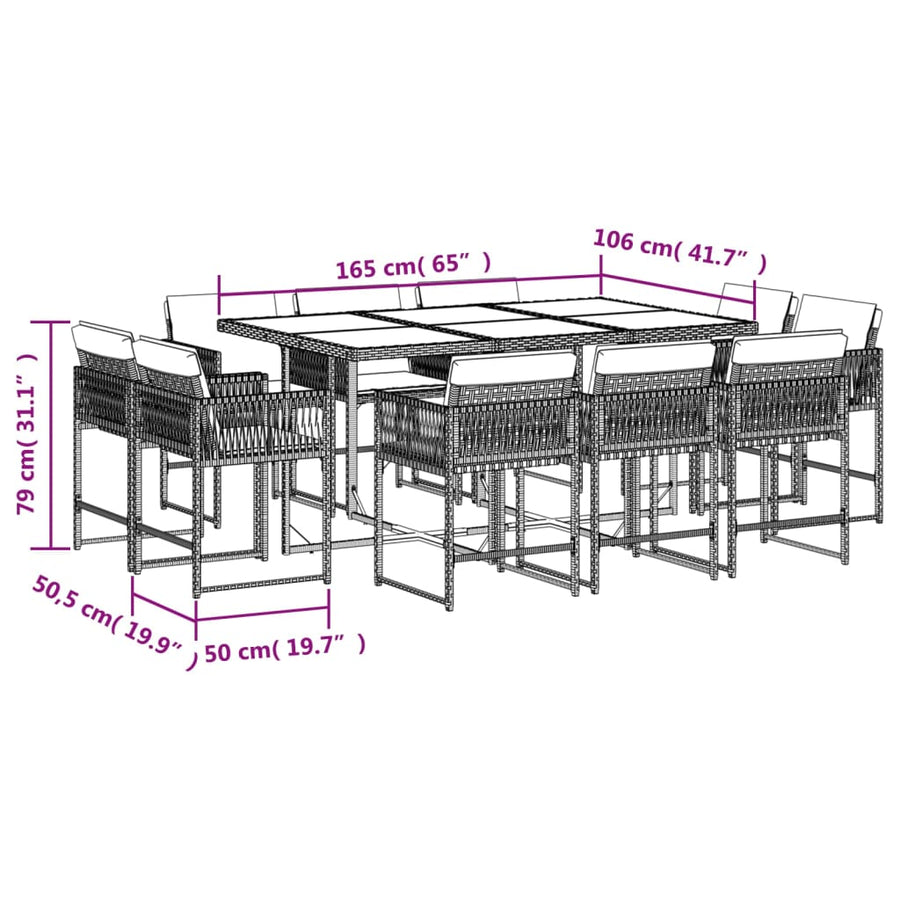11-delige Tuinset met kussens poly rattan lichtgrijs