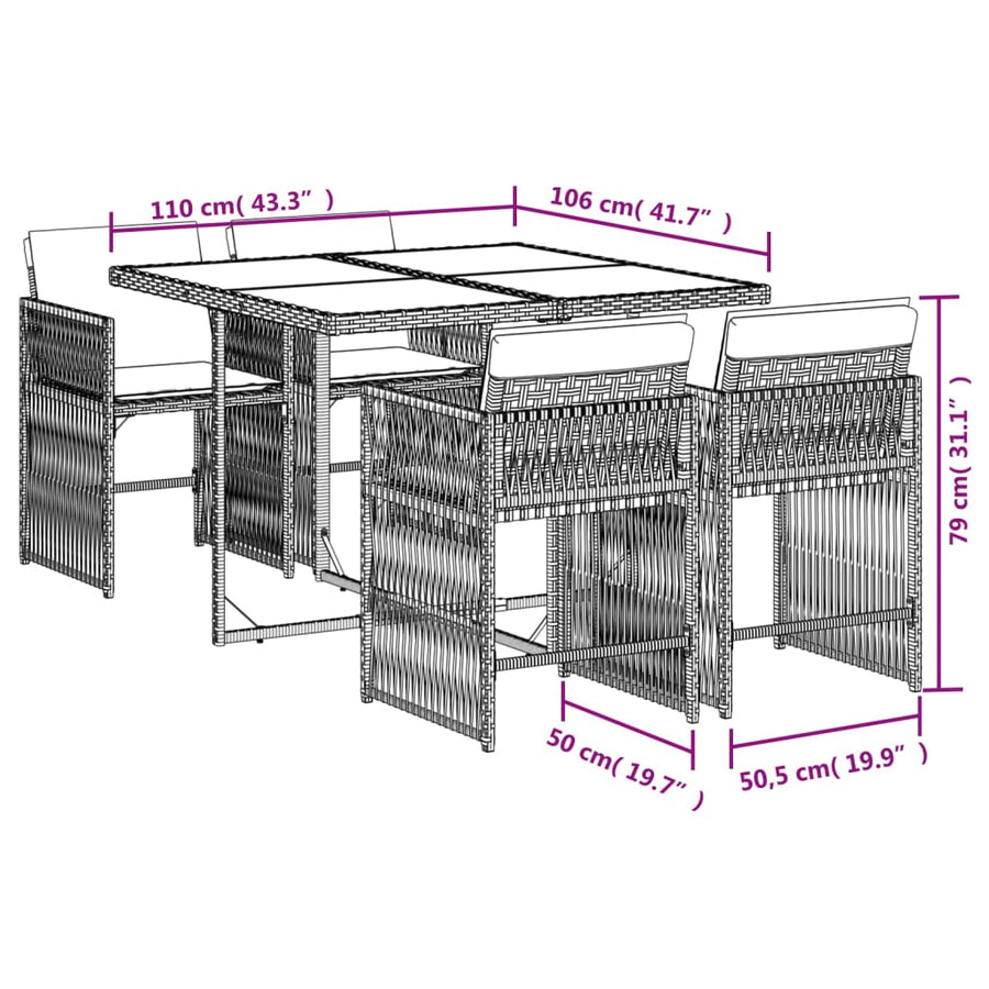 5-delige Tuinset met kussens poly rattan gemengd beige