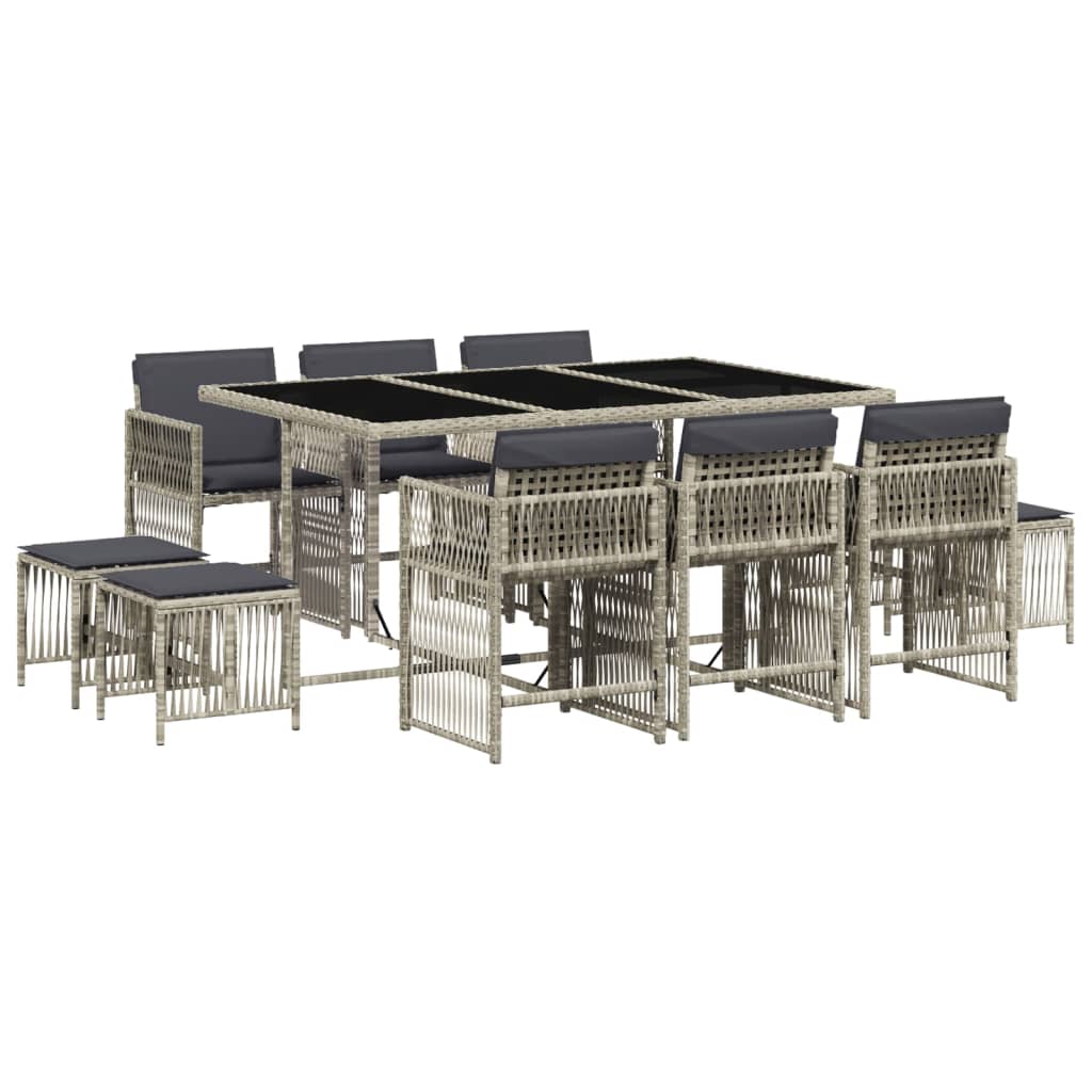 11-delige Tuinset met kussens poly rattan lichtgrijs