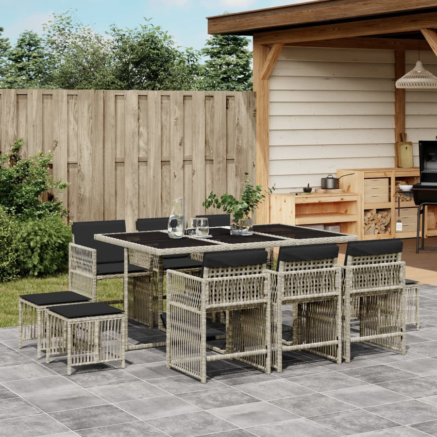 11-delige Tuinset met kussens poly rattan lichtgrijs
