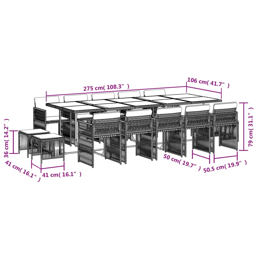15-delige Tuinset met kussens poly rattan beige