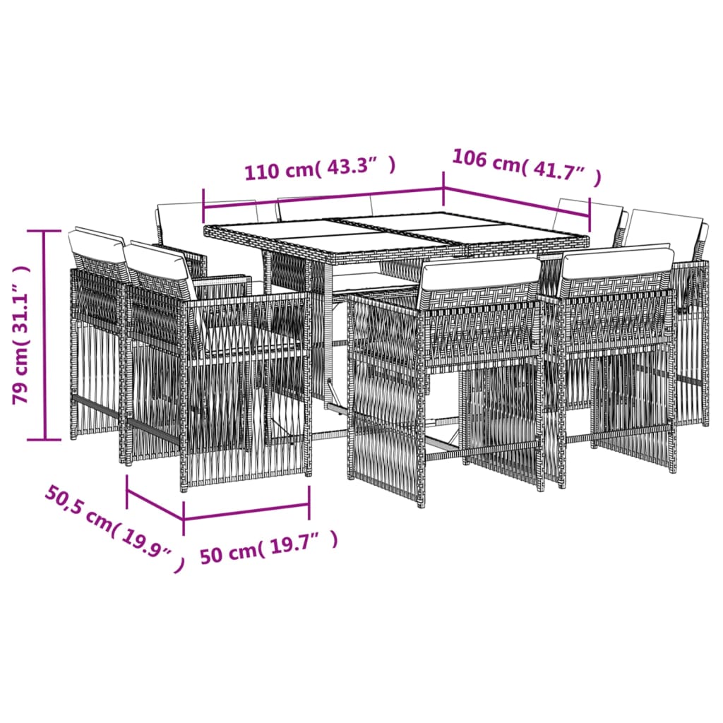 9-delige Tuinset met kussens poly rattan gemengd beige
