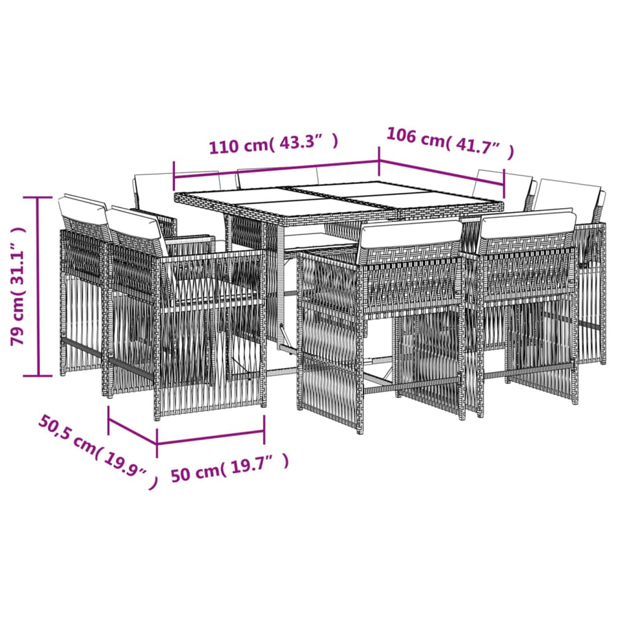 9-delige Tuinset met kussens poly rattan gemengd beige