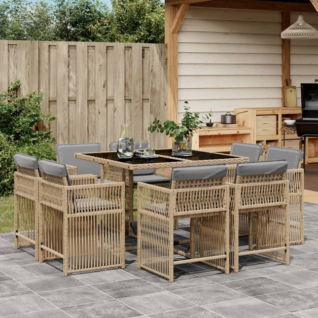 9-delige Tuinset met kussens poly rattan gemengd beige