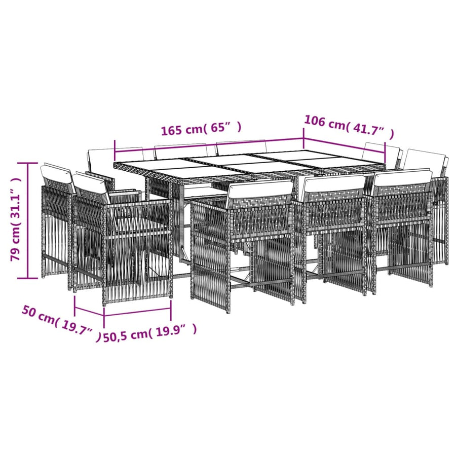 11-delige Tuinset met kussens poly rattan grijs