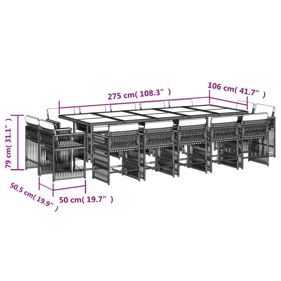 15-delige Tuinset met kussens poly rattan grijs