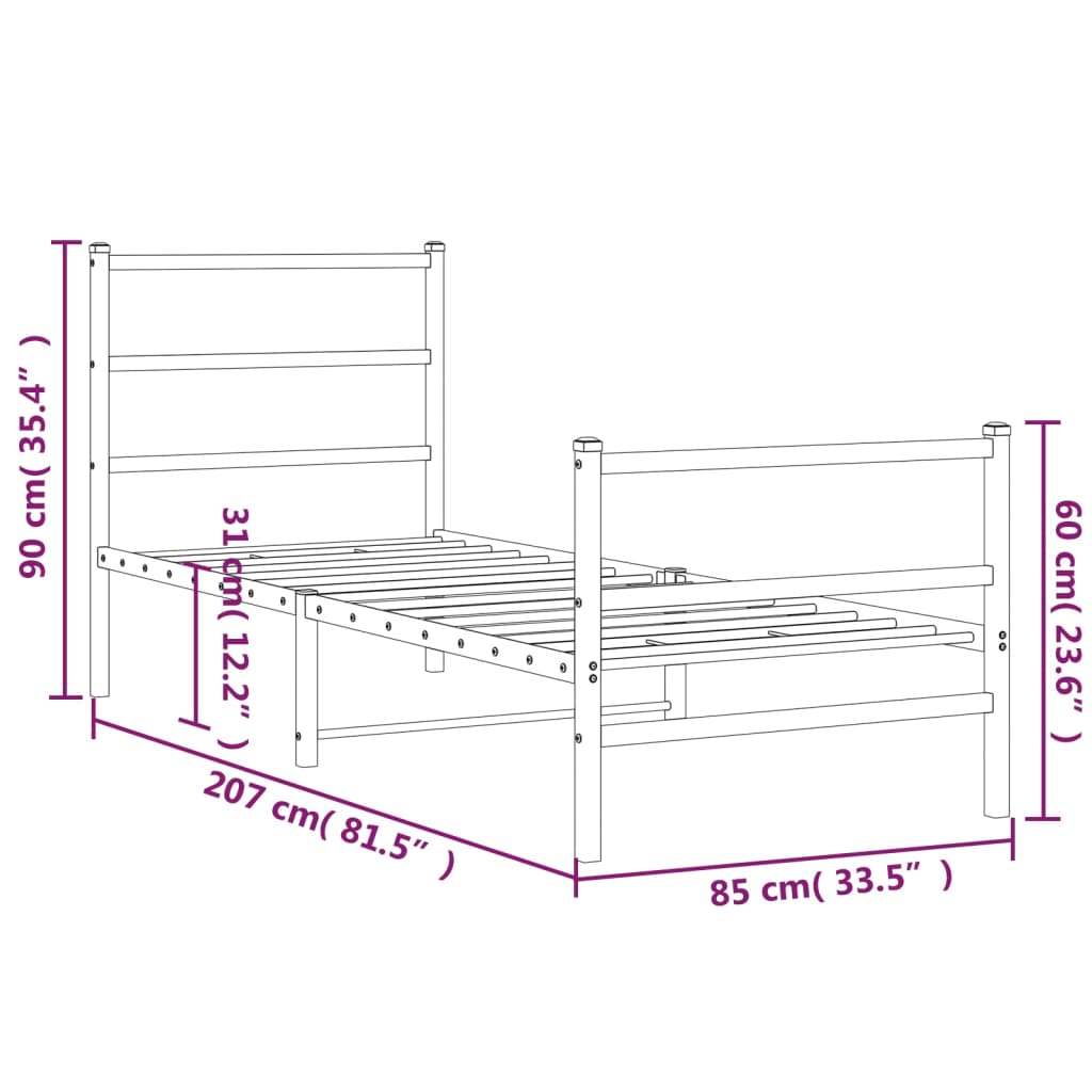 Bedframe Met Hoofd- En Voeteneinde Metaal 80 x 200 cm Zwart met hoofdbord & voetbord