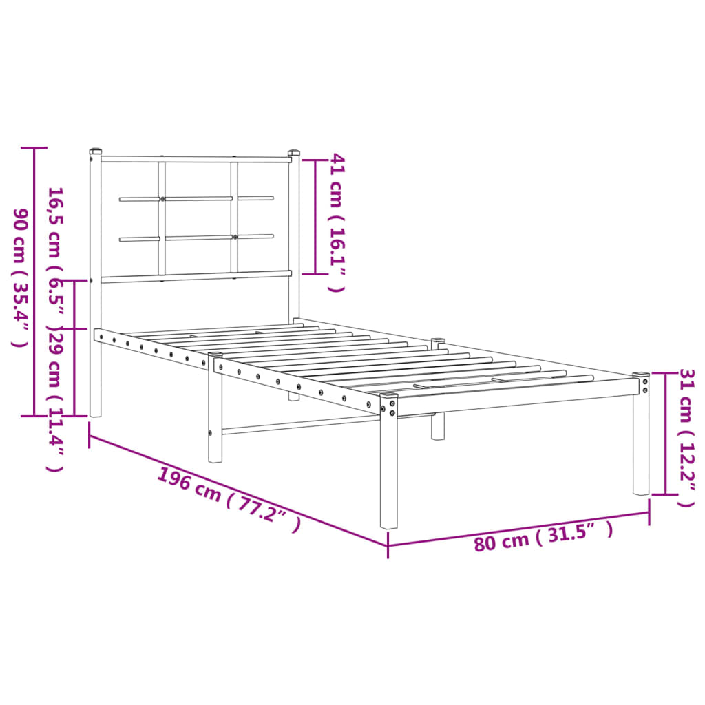 Bedframe met hoofdbord metaal zwart 75x190 cm 75 x 190 cm Zwart met hoofdbord
