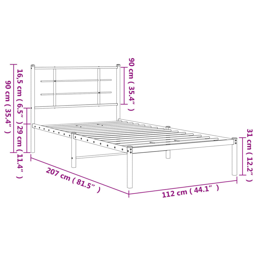 Bedframe Metaal Zwart 107 x 203 cm met hoofdbord