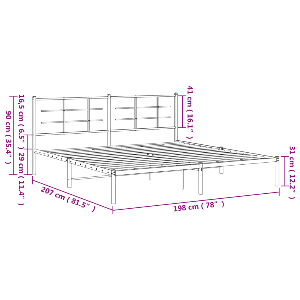 Bedframe met hoofdbord metaal zwart 193x203 cm