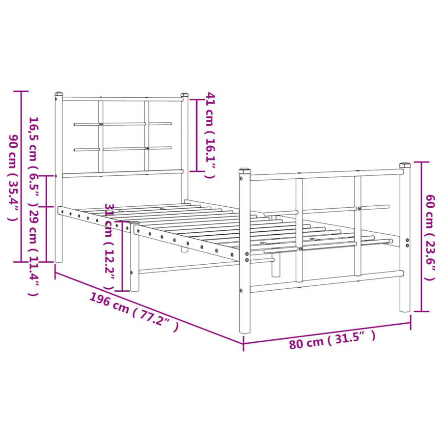 Bedframe met hoofd- en voeteneinde metaal zwart 75x190 cm 75 x 190 cm Zwart