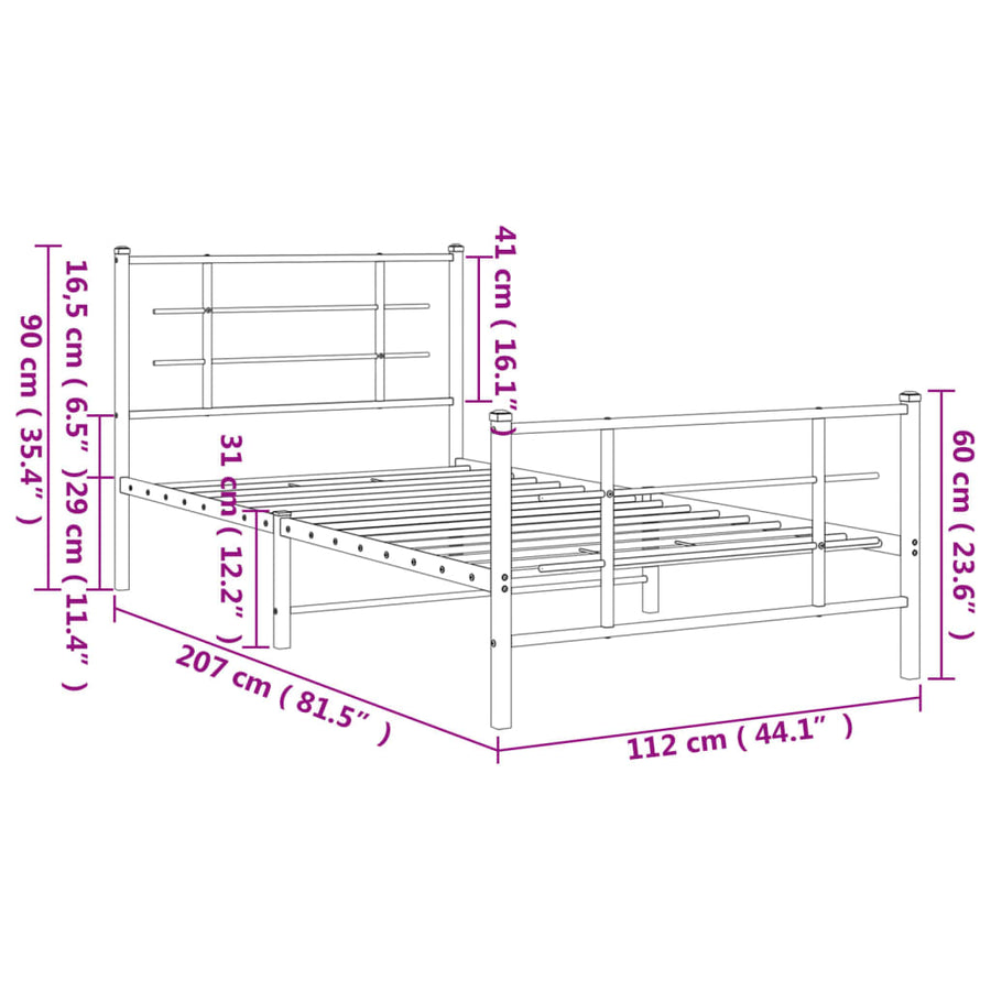 Bedframe Met Hoofd- En Voeteneinde Metaal Zwart 107 x 203 cm met hoofdbord & voetbord
