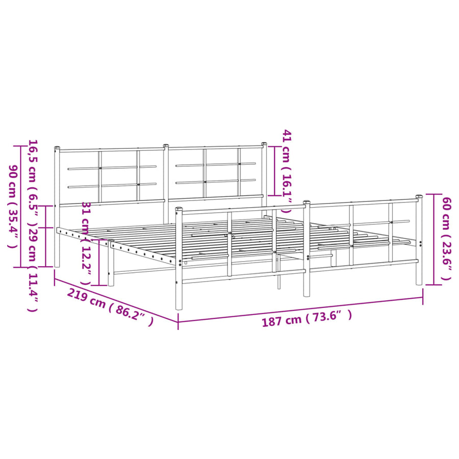 Bedframe met hoofd- en voeteneinde metaal zwart 183x213 cm
