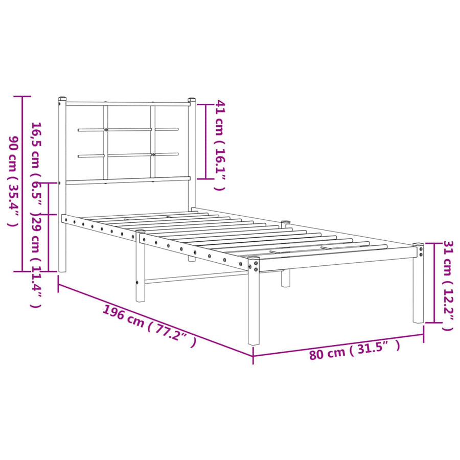 Bedframe met hoofdbord metaal wit 75 x 190 cm
