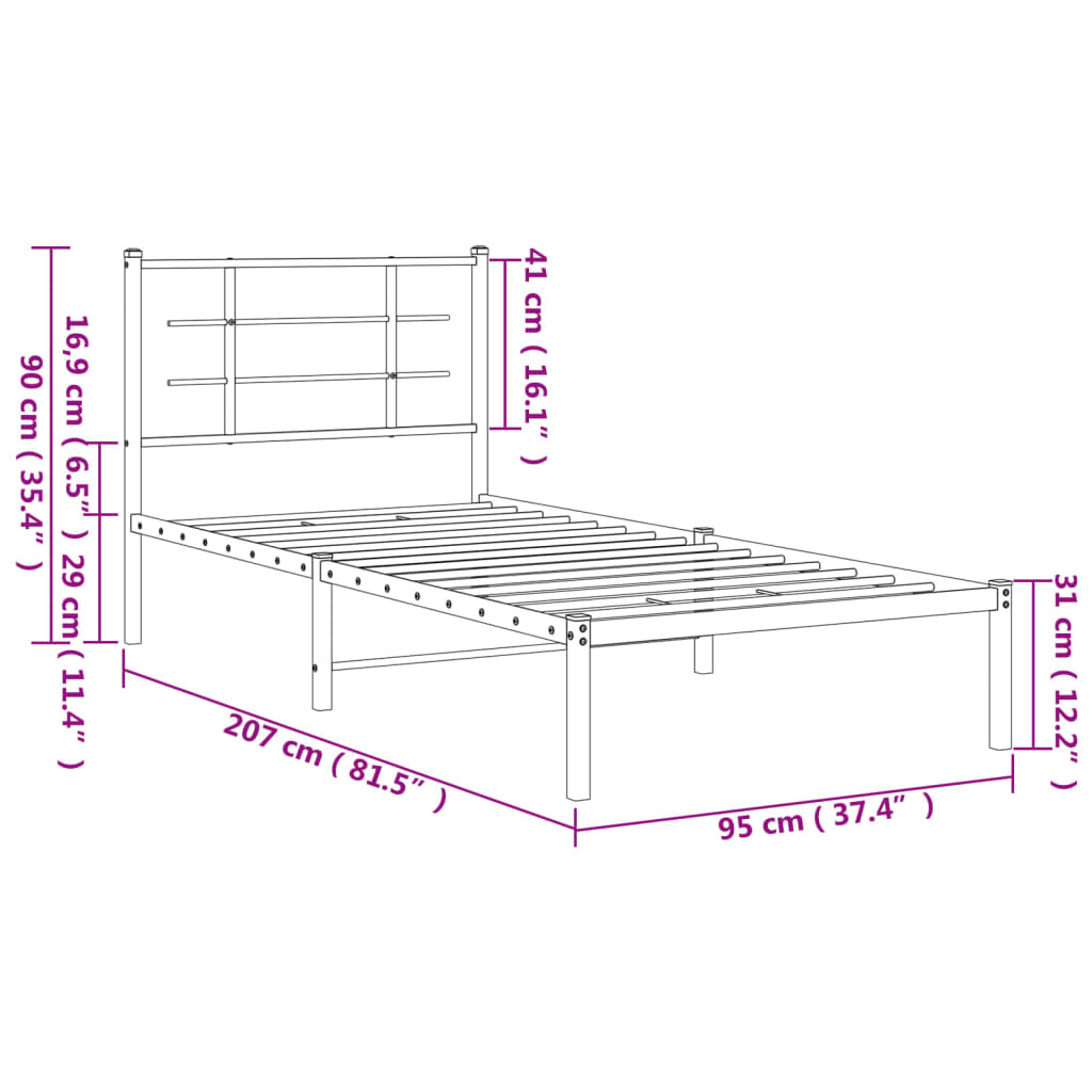 Bedframe met hoofdbord metaal wit 90x200 cm