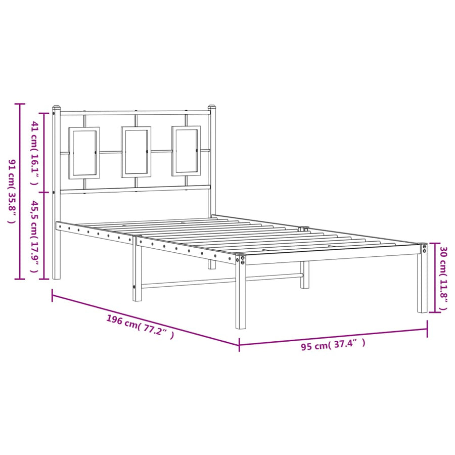 Bedframe Metaal Zwart 90 x 190 cm met hoofdbord