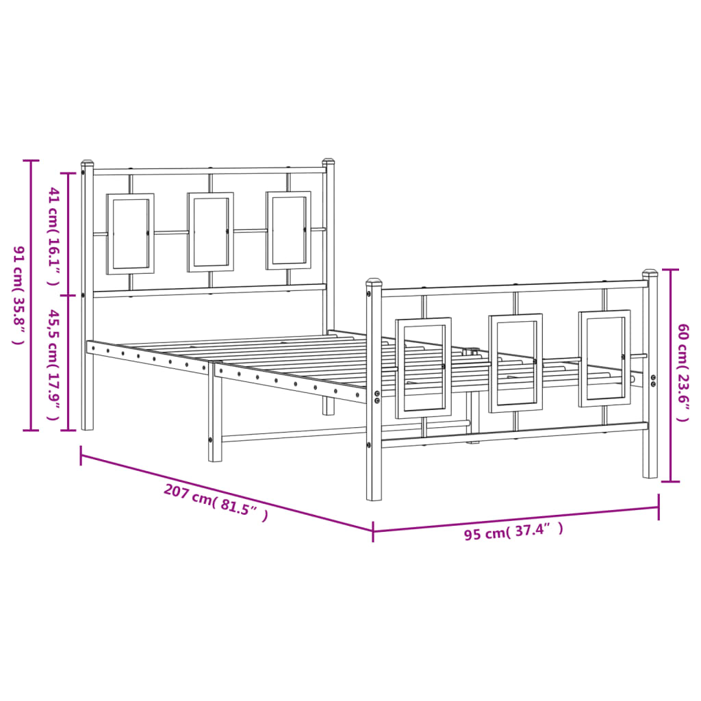 Bedframe Met Hoofd- En Voeteneinde Metaal Zwart 90 x 200 cm met hoofdbord & voetbord