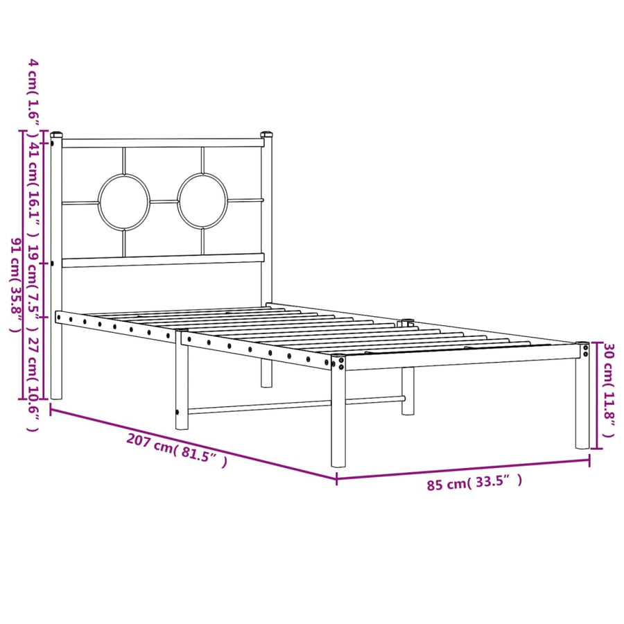 Bedframe Metaal Zwart 80 x 200 cm met hoofdbord