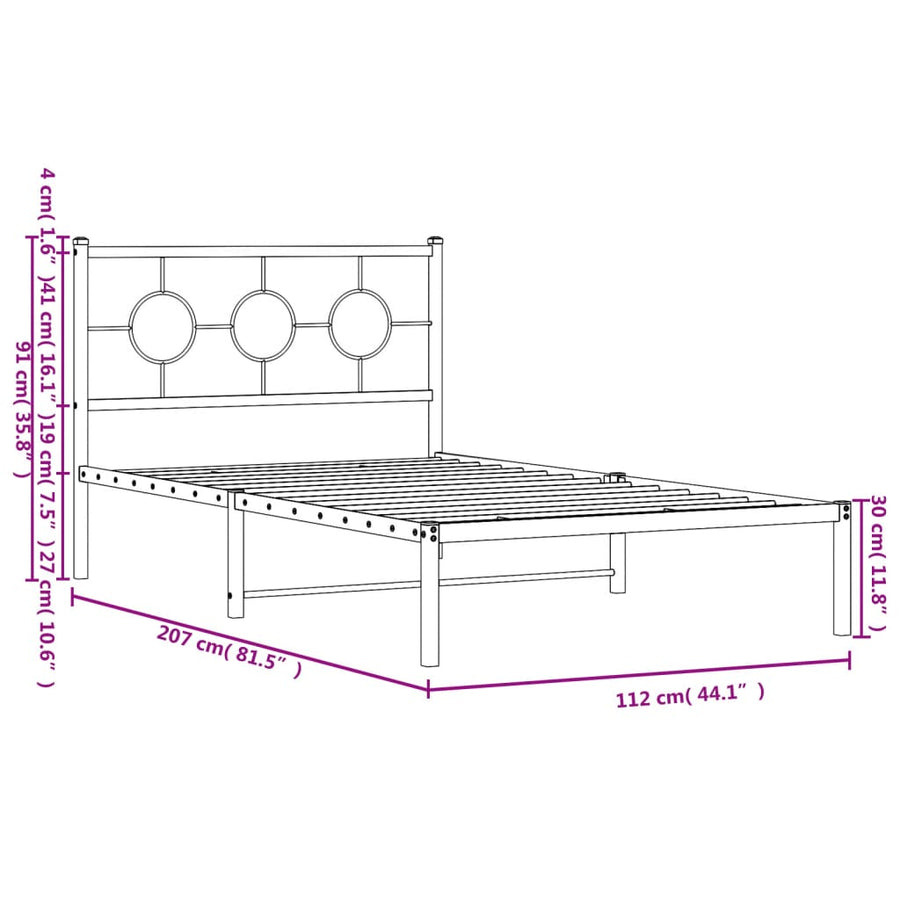 Bedframe Metaal Zwart 107 x 203 cm met hoofdbord